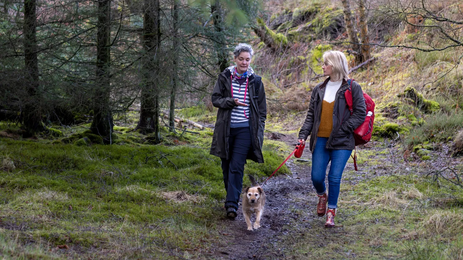 Zwei Frauen gehen zusammen mit Hund durch den Wald