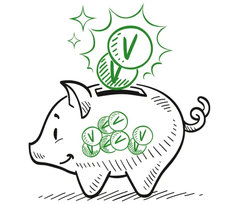 Ein glückliches Sparschwein hat viele Münzen mit einem V = Vertrauen im Bauch