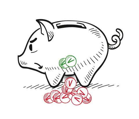 Ein unglückliches Sparschwein hat viele Münzen mit einem V = Vertrauen verloren