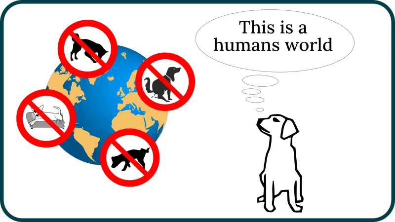 icon Weltkugel voll mit Verboten für Hunde, ein sin der Ecke sitzender Hund denkt sich: This is a humans world