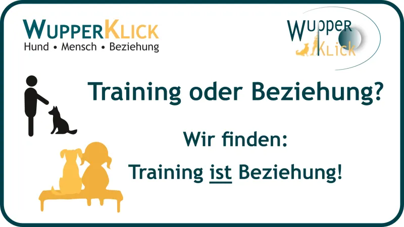 Icon: Hund im Training, Kind und Hund auf Bank. Text. Training os´der Beziehungß Wir finden: Training ist Beziehung