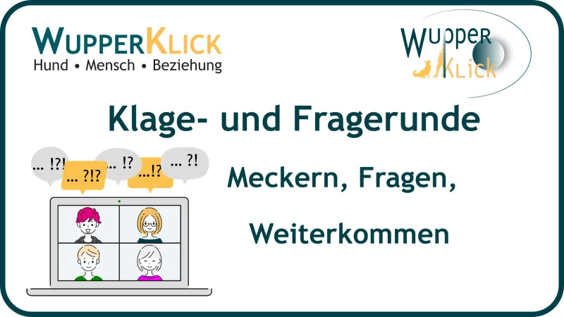 Icon: Laptop mitOnline-Meeting von 4 Personen Text: Klage- und Fragerunde …