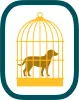 Ein Hund steht in einem goldenen Käfig