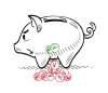 Ein unglückliches Sparschwein hat viele Münzen mit einem V = Vertrauen verloren