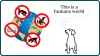 Bild: Weltkugel mit Verbotszeichen für Hunde Text: Hund mit Denkblase This is a Humans World